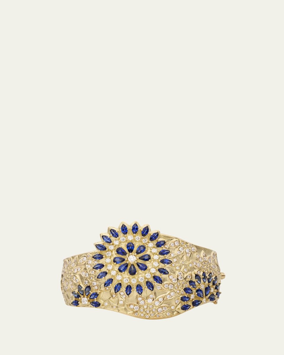 Applique Bombay Cuff in 18K Yellow Gold with Blue Sapphires and White Diamonds